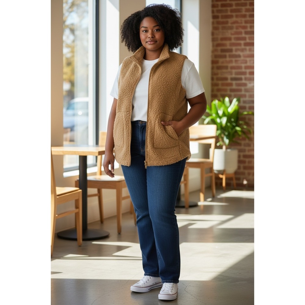 (I-264)JOY CleanBoss Sherpa Fleece Vest 1X Caramel Reversible Full Zip QVC NWT‎